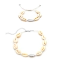 Handmade shell necklace and bracelet set with natural cowrie shells and silver accents - White Cord - Silver Combination