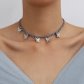Detailed view of silver butterfly choker necklace with sparkling blue rhinestones - Necklace(2913) / Blue Crystal Silver