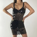 Sexy schwarzes Pailletten-Körperketten-Minikleid mit hohlem Metall-Disk-Design - Schwarz