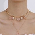 Gold-layered butterfly necklace featuring BABE letter pendant and pink crystal charms - Rhinestone Butterfly Letter Gold-BABE (0515) / Gold