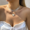 Layered snake chain necklace set with silver and gold tones and coin portrait pendant - Double Layer Gold and Silver Coin Pendant Necklace / Mixed Color Coin Portrait Style (3406)
