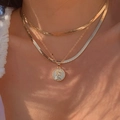 Three-layer gold snake chain necklace set with an Elizabeth II portrait coin pendant - 3-Layer Gold Layered Coin Necklace / Gold Queen Coin Style (1803)