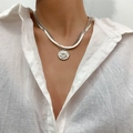 Silver double layer necklace with snake chain and angel coin pendant on model - Double Layer Silver Angel Pendant Necklace / Silver Angel Relief Style (3339)