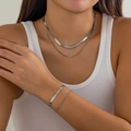 Silver double-layer snake chain necklace and bracelet set in polished punk style - Silver Necklace and Bracelet Set (4696)