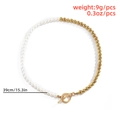 Detail showing 39cm beaded necklace with white pearls and gold metal beads and OT buckle - Asymmetric Pearl Patchwork Style (3864) / Gold