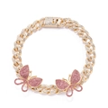Hip hop golden Cuban chain anklet featuring pink pavé crystal butterfly charms - Gold Pink Zirconia