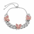 Cuban chain anklet with pink rhinestone butterfly charms and adjustable slider clasp - Silver Tone Pink Rhinestone