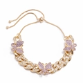 Golden Cuban link bracelet with purple butterfly charms and adjustable slider closure - Gold Tone Purple Rhinestone