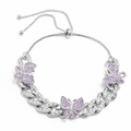 Silver Cuban link anklet featuring sparkling purple butterfly charms and crystal pavé detail - Silver Tone Purple Rhinestone