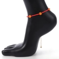 Tobillera de cuentas rojas con flores naranjas y cadena ajustable de oro para verano - Estilo de Tobillera Roja (0631)