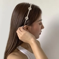 Minimalist white pearl daisy headband shown on female model for a chic vacation look - Pearl Flower Style / Style 3 Gold (0485)