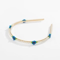 Floral beaded headband with white pearls and blue daisy charms on gold metal - Blue