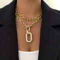 Elegante collar de doble capa de aluminio dorado con cierre de barra T y colgante ovalado - Juego de Collar Dorado