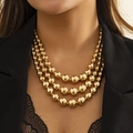 Chunky gold layered ball chain necklace featuring a bold three-strand punk style design - Gold Triple Layer Bead Necklace (4785) / Gold