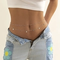 Detail of double-layered silver waist chain with sequins and turquoise beads on a model - Silver