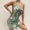 Dettaglio di paillettes colorate e struttura a rete su un abito a catena per il corpo - Top E Pantaloni / Argento e Verde (1237)
