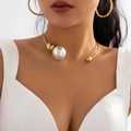 Asymmetric gold choker with large pearl and round beads paired with hoop earrings - Gold