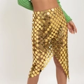 Golden sequin body chain skirt with circular metallic plates and asymmetrical hemline - Gold
