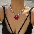 Y2K style necklace with large translucent red heart pendant and silver bead chain - Silver Ball Chain Red Heart Pendant / Red (C5667)
