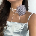 Macro detail of a 3D grey sheer fabric flower choker with long white ribbons - Gray