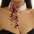 Gothic multi-layer pearl choker with deep red bead tassels and blood splatter effect - Four-Layer Pearl Tassel Choker (6018) / Silver