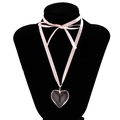 Sweet pink ribbon choker necklace featuring a translucent heart pendant in a romantic style - Style Ten (5665) / Pink