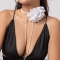 Detail of a white fabric flower choker with long adjustable straps on a female model - White