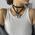 Double-layer black velvet choker featuring a large polished silver heart pendant - Silver (C5576)