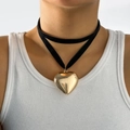 Double-layered black velvet choker necklace with large polished gold heart pendant - Gold (C5576)