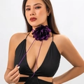 Fashionable dark purple floral choker necklace with long ribbon ties for women - Deep purple