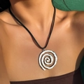 Bohemian silver spiral pendant necklace with hammered texture on black cord cord - Silver Hammered Spiral Pendant Black Cord