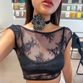 Elegant black lace choker necklace featuring a large rhinestone floral pendant - Black Camellia Style (5920) / Black