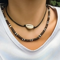Böhmisches Doppel-Halsketten-Set mit weißem Muschelanhänger und Holzperlen-Design - Muschel Holzperle Stil (4411)