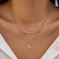 Three-layer gold necklace featuring beads, curved metal tube and crescent moon pendant - 3-Layer Arc Tube & Moon Pendant / Gold (Moon Style)
