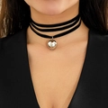 Three-layer black velvet choker necklace featuring a polished silver ball pendant - Triple Layer Velvet Choker Silver Ball (6277) / Silver