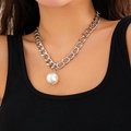 Gothic chunky silver chain necklace featuring a large white faux pearl pendant for women - Silver Chunky Chain Large Artificial Pearl Pendant (6310) / Silver