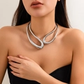 Modern silver statement choker necklace featuring a liquid metal asymmetric design - Hollow Ring Choker (6280) / White K/Silver