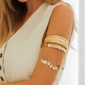 Bohemian gold arm chain with metal coin pendants and dangling fringe tassels - Gold Coin Fringe Style (0310)