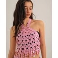Detail of a pink heart sequin halter top featuring hollow out metal ring link design - Pink Top (1613)