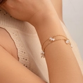 Collier double couche doré élégant avec grappes de perles de riz et chaîne à pampilles - Bracelet