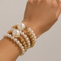 Conjunto de pulseras elásticas multicapa con perlas blancas y cuentas doradas - Dorado (5002)