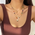 Three-layer bohemian gold necklace with irregular crushed stones and moon sun star charms - Gold + Mixed Color (4134)