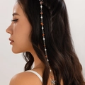 Detail of long silver hair chain with orange stones, pearls and butterfly charm - Hollow Butterfly Pendant With Orange Brown Stone Style / Ancient Silver And Orange Brown
