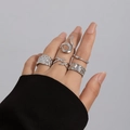 Five-piece silver minimalist irregular geometric rings set with molten lava texture for women - Silver (5019)