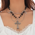 Detail of gothic multi-layer necklace with cross pendant, stars and barbed wire chain - Black Bead Layered Style / Silver Black (6503k1)