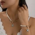 Set asimmetrico di collana e bracciale di perle con ciondolo a forma di stella marina - Oro + Blu