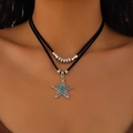 Detail of bohemian double-layer choker with silver star pendant and turquoise stone inlay - Five-Point Star Turquoise Style (5206) / Black