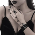 Gothic black lace slave bracelet with dark gemstone teardrop and silver hollow base - 01 Black Bracelet And Ring Integrated Chain (2484)