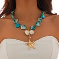 Collana di perle blu stile oceano con grande ciondolo a forma di stella marina dorata - Collana (6495) / Blu