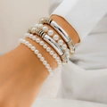 Juego de pulseras de perlas multicapa con detalles plateados en la muñeca - Plateado+Blanco (4760)